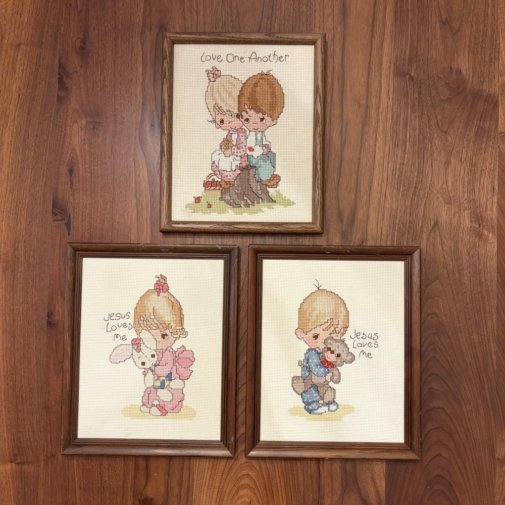 Set of 3 Precious Moments Vintage Cross Stitch Jesus Loves Me Love One Another